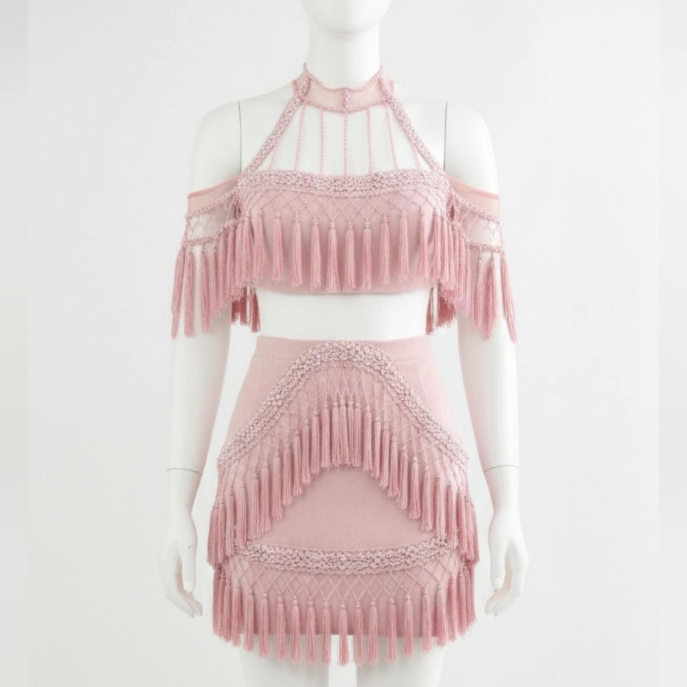 Pink Bodycom Tassel Pearl Fringe Dress Small